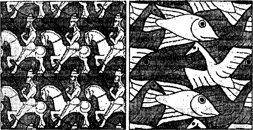 Две мозаики М. К. Эшера (1988 год, М. С Escher Heirs/Cordon Art-Baarn-Holland)