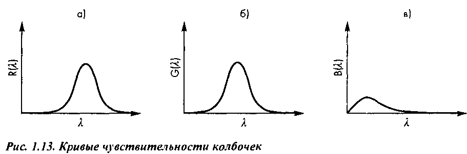 Кривую, имеющую максимум интенсивности на длине волны желтого цвета, часто называют красной кривой. Это сделано только для терминологического единообразия с трехцветными системами в фотографии и на телевидении. Главное же состоит в том, что во всех трехцветных системах - и технических, и биологических - используются три типа чувствительных элементов, обладающих цветовой избирательностью.