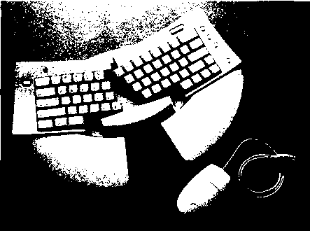 Эргономичная клавиатура со съемными подставками для ладоней. Наклон каждой половинки клавиатуры регулируется независимо. Однокнопочная мышь, лежащая перед клавиатурой, с помощью кабеля подключается к центральному процессору (перепечатано с разрешения компании Apple Computer, Inc.)