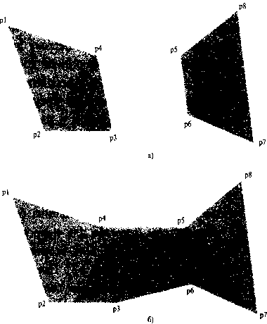 Изображение закрашенных четырехугольников с помощью списка из координат восьми вершин: а) два не соединенных между собой четырехугольника, полученные с помощью константы 6Ь_оиАОБ; б) три соединенных четырехугольника, полученные с помощью константы 6Ь_0иАО_ЗТЯ1Р