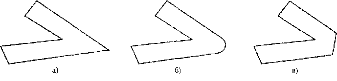 Отрезки широких линий, соединенные с помощью углового соединения (панель а), скругленного соединения (панель б) и косого соединения (панель «)