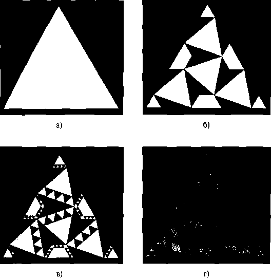 Равносторонний треугольник (панель а) преобразуется в(панель б) с использованием правил подстановки 1 и 2, указанных на рис. 8.107. Затем используется правило 3, и форма (панель б) переходит в форму (панель в), которая, в свою очередь, становится формой (панель г) с помощью правила 4 (перепечатано с разрешения Эндрю Гласснера (Andrew Glassner), Xerox PARC (Palo Alto Research Center - Исследовательский центр в Пало-Альто). © 1992)
