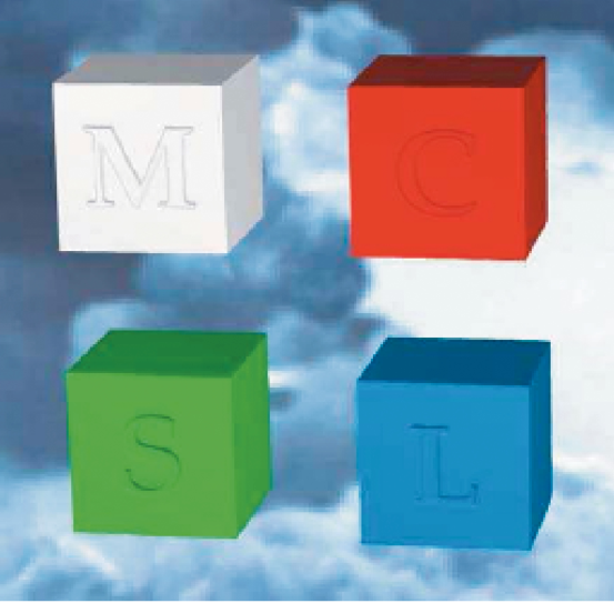 Компьютерная презентация четырех кубиков, освещенных двумя источниками света с различной интенсивностью и разными углами освещения. Используется для демонстрации различных атрибутов цветового восприятия.