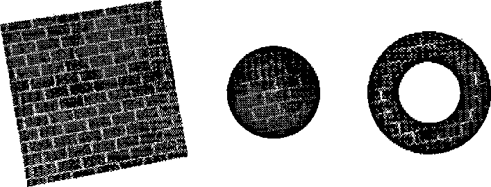 Плоский многоугольник, шар и тор, рендеринг которых выполнялся шейдерами кирпичной стенки
