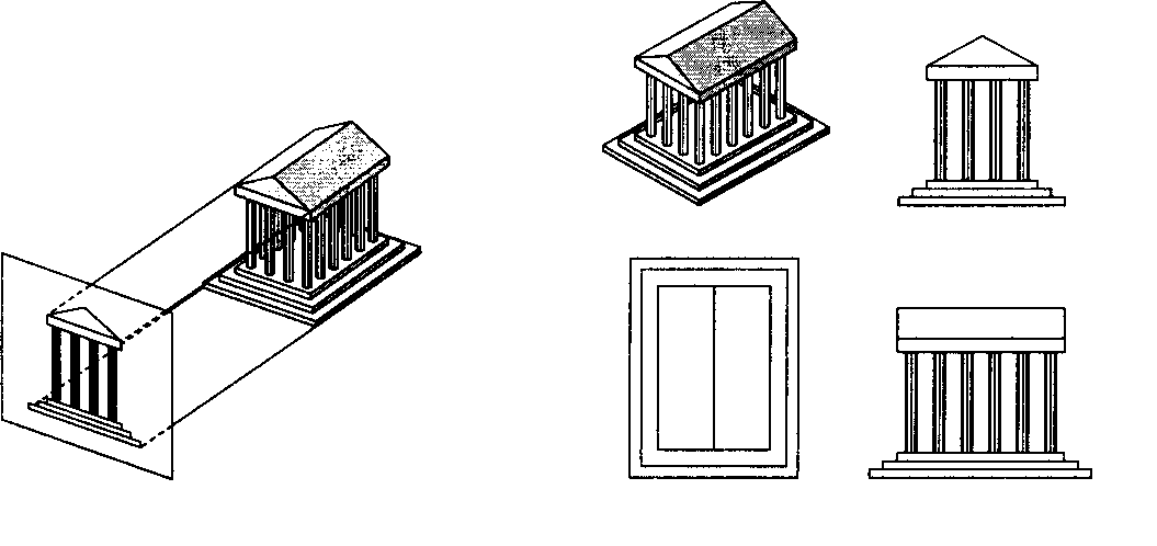 Ортографическая проекция Рис. 5.5. Здание и три его ортогональных вида