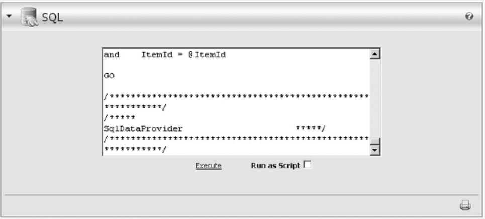 Страница SQL со вставленным SQL-скриптом Следует установить флажок "Run as Script" и выбрать ссылку Execute.
