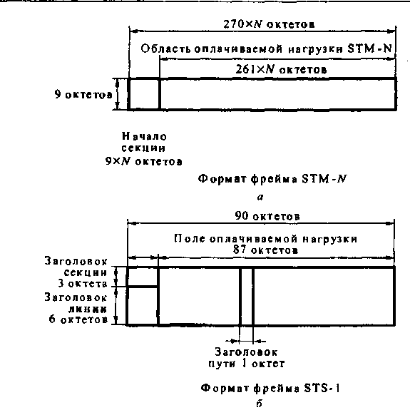 Структура циклов в SDH (а) и SONET (б)
