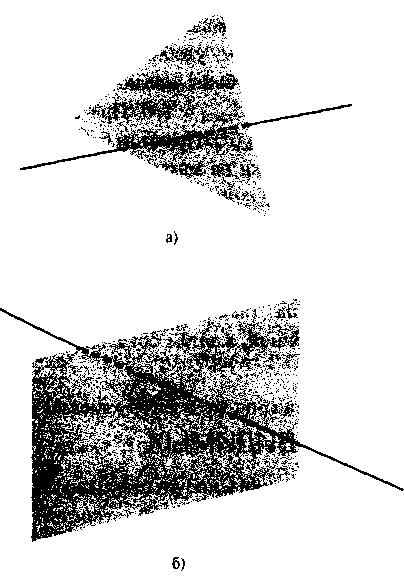 Скрытые части линии (пунктир), имеющей большую глубину, чем поверхность (панель я), и расположенной частично за и перед поверхностью (панель б)