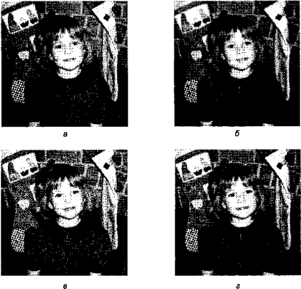 Результаты различных операций: а- исходное черно-белое изображение 512 х 512; б- усреднение 5x5 соседних пикселов; в- добавление шума к оригиналу; г- понижение шума фильтром Гаусса