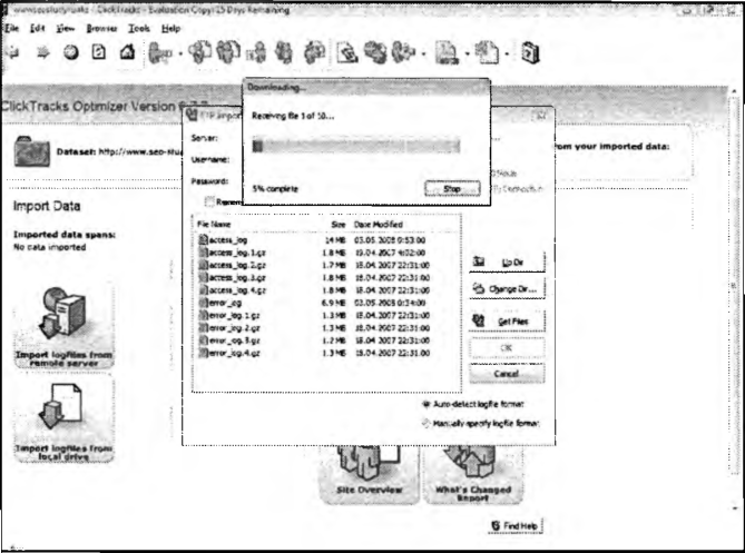 Импорт лог-файлов с удаленного сервера в программу ClickTracks Optimizer
